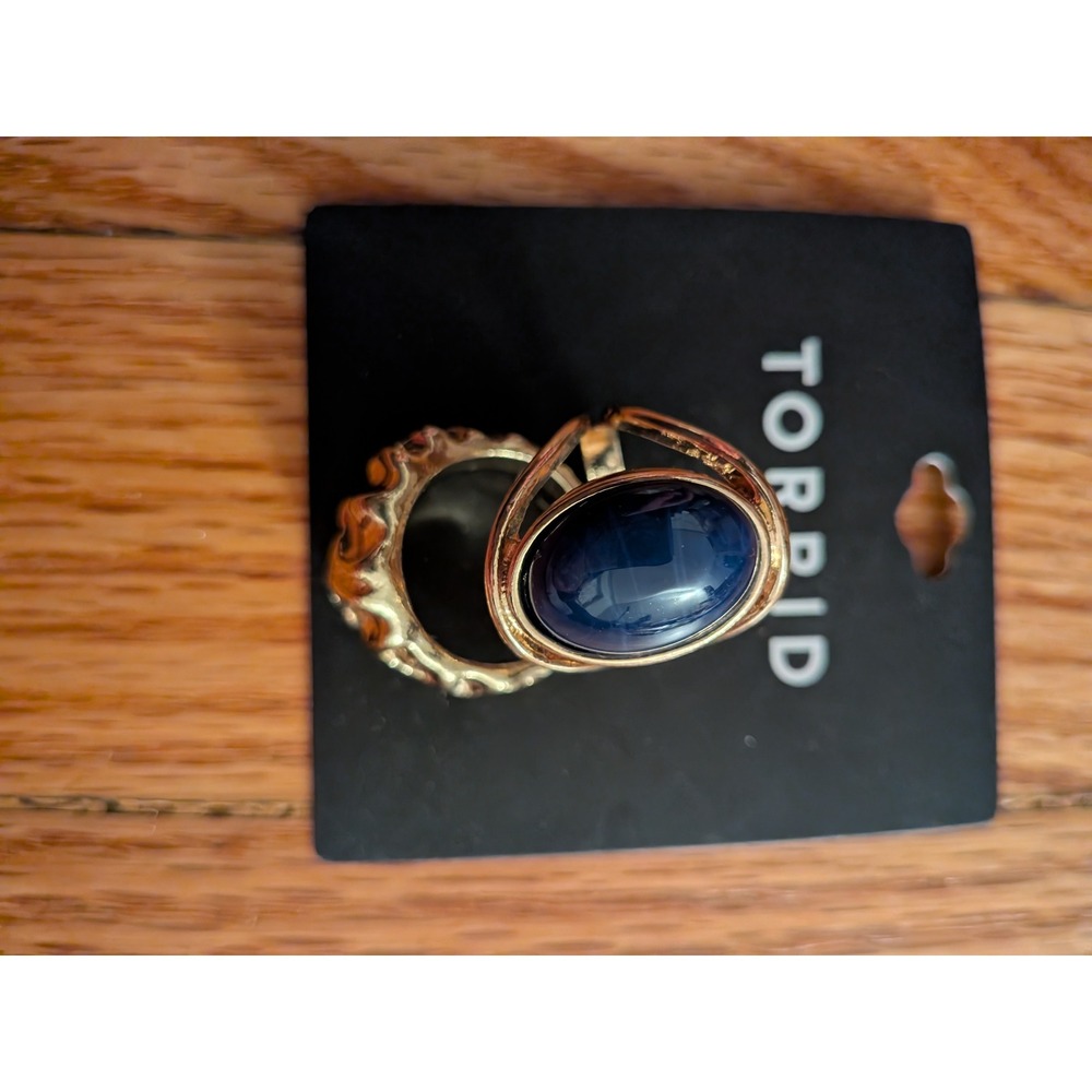 Torrid Gold Tone Navy Blue Cabochon and Textured Hammered Ring Set 2 Piece